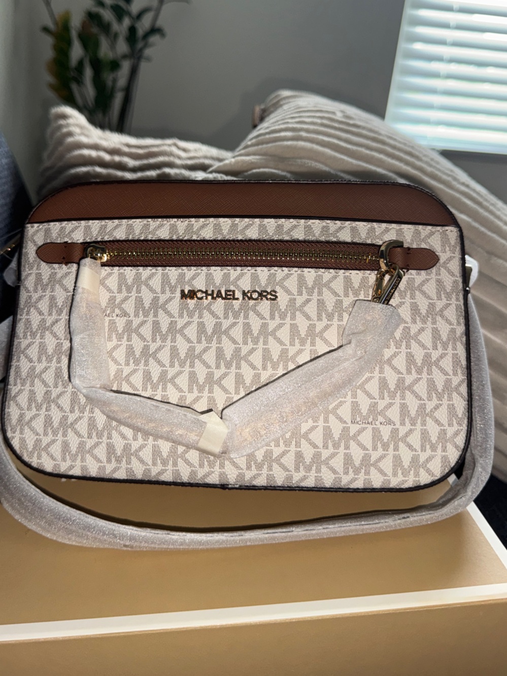 Michael Kors Ivory/Beige MK Logo Crossbody with Brown Trim